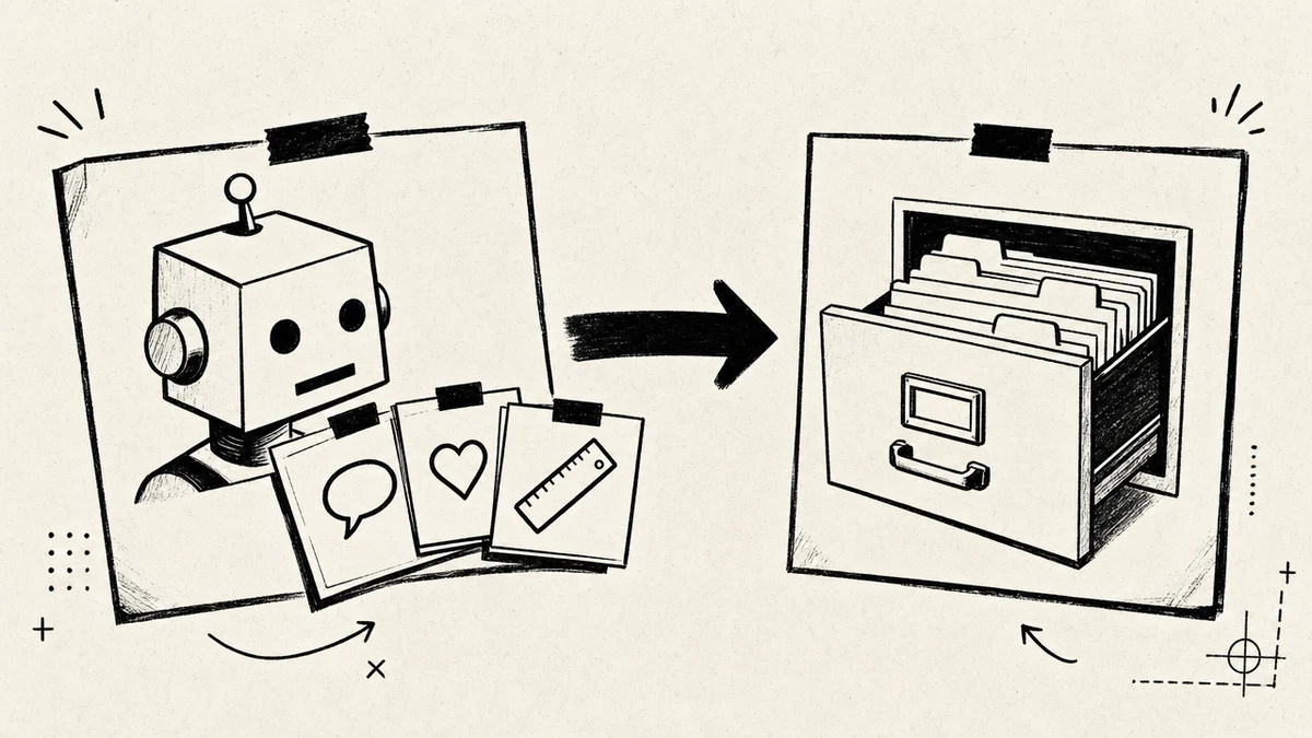 An assistant learning voice and audience from a small card stack, filed into a typed memory drawer