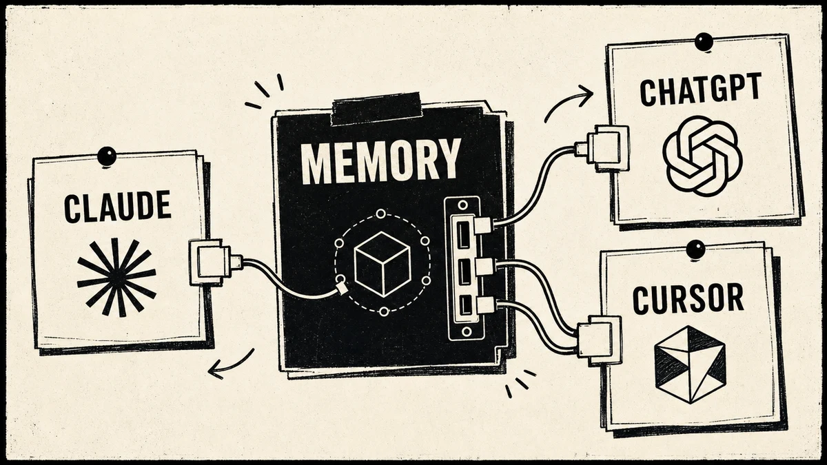 MCP as one shared socket connecting AI clients to a single memory store