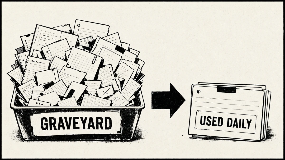 A note graveyard on the left, a small system used daily on the right
