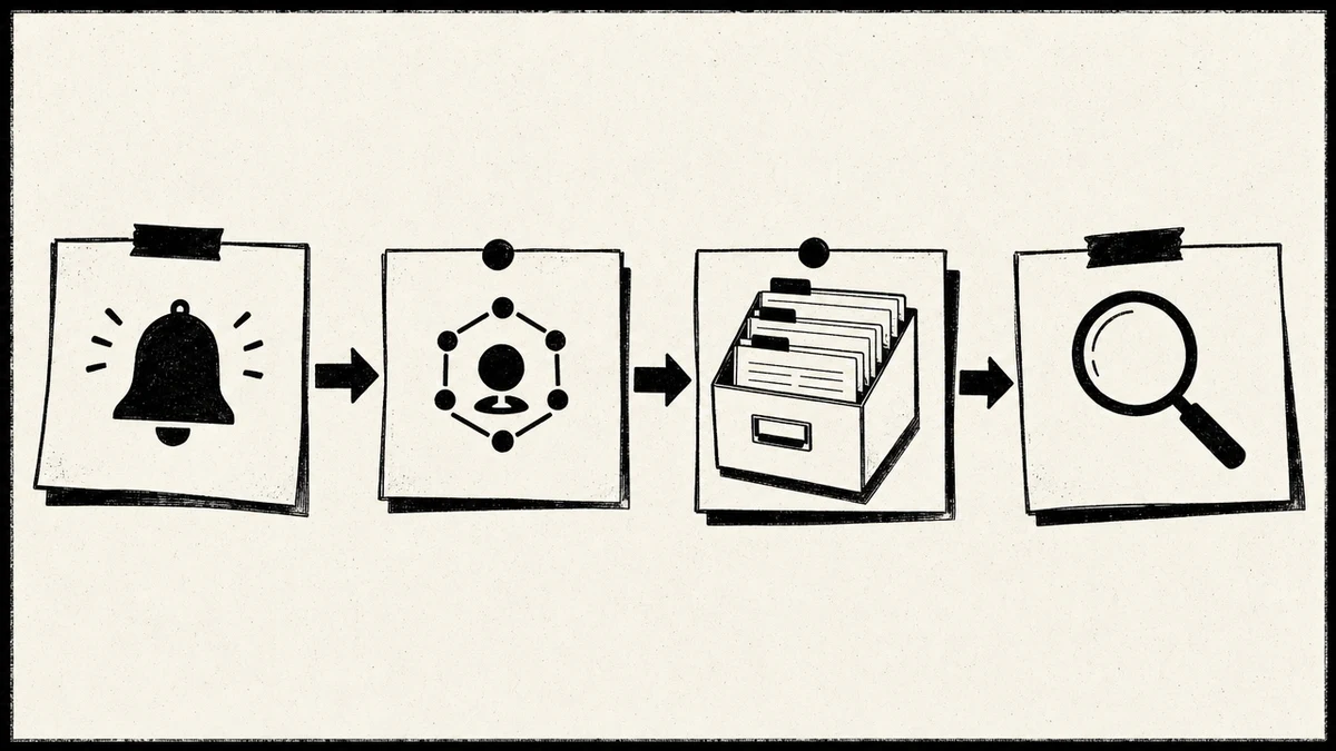 An upkeep pipeline: trigger, agent files it, typed surface, recall
