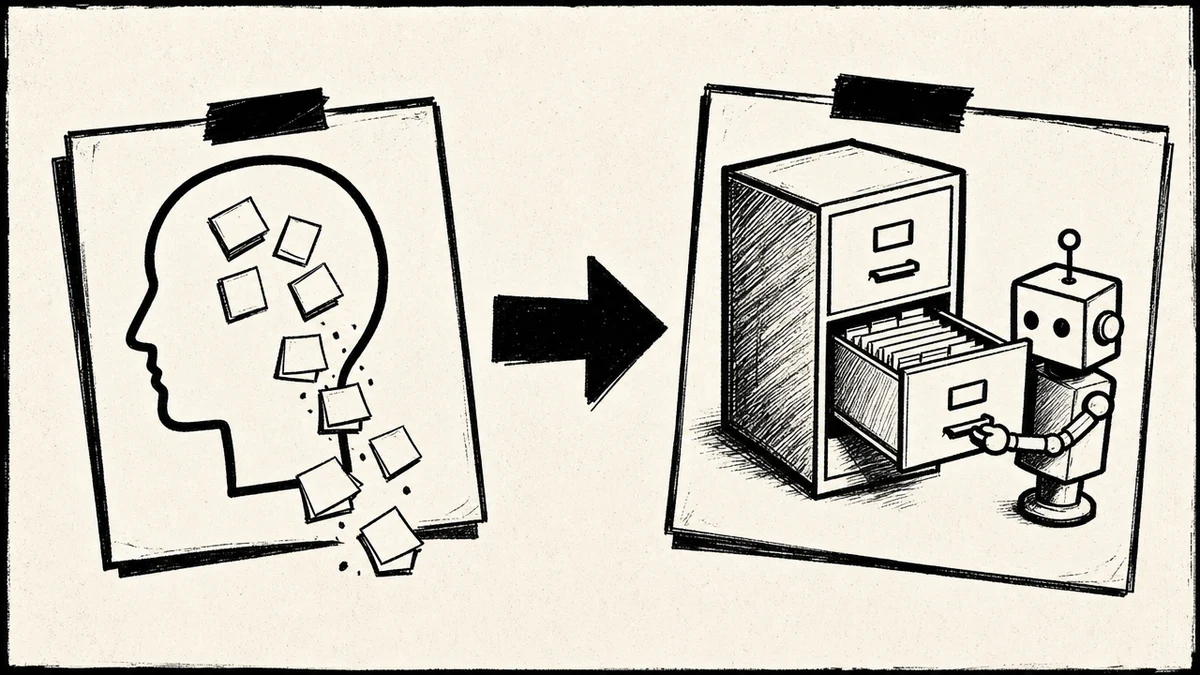 Scattered thoughts leaving a human head and being filed into a cabinet by an AI helper