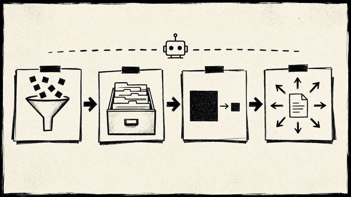 A four-stage pipeline of capture, organize, distill, express with an AI figure running along the top