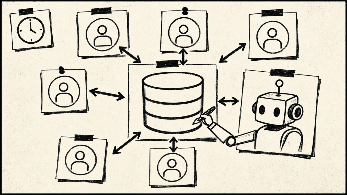 A central memory store connected to several AI sessions with two-way arrows