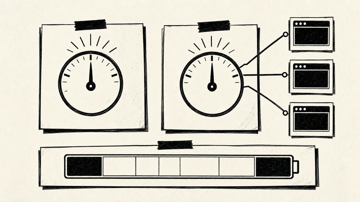 Two effort dials side by side, the left one turned to maximum reasoning and the right one fanning out into several agent windows, both draining the same usage battery bar. Concept diagram.
