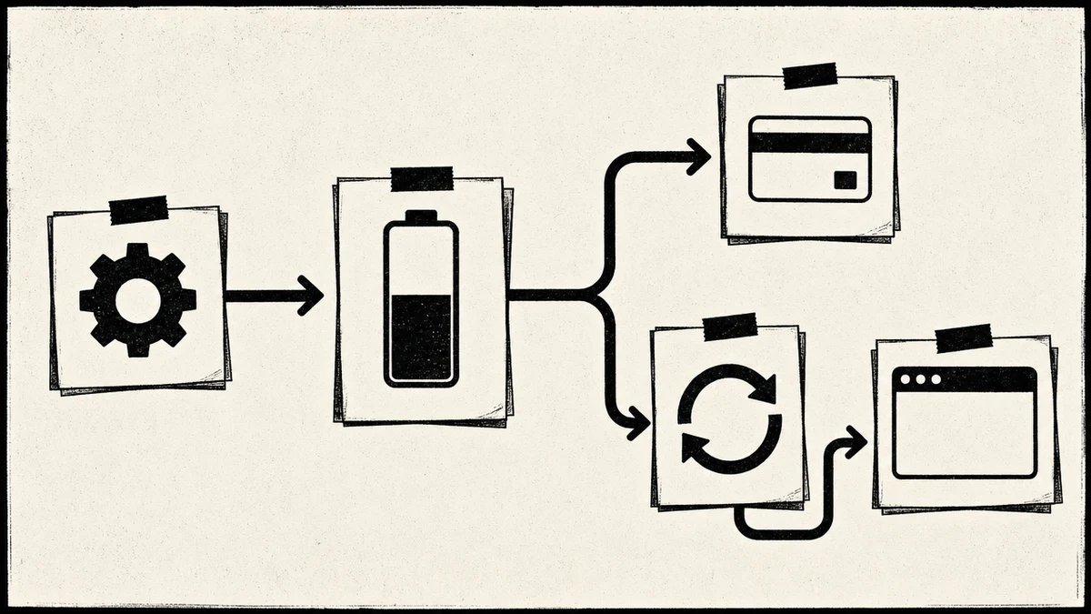 A settings gear leading to a usage gauge that forks into two paths, paying per token with credits or switching back to a different model. Concept diagram.
