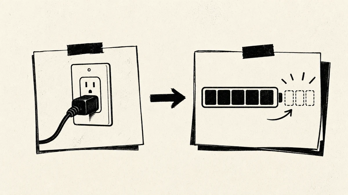 A plug held firmly in its socket while a runway bar recharges beside it, signalling access that is still connected with room to work. Concept diagram.