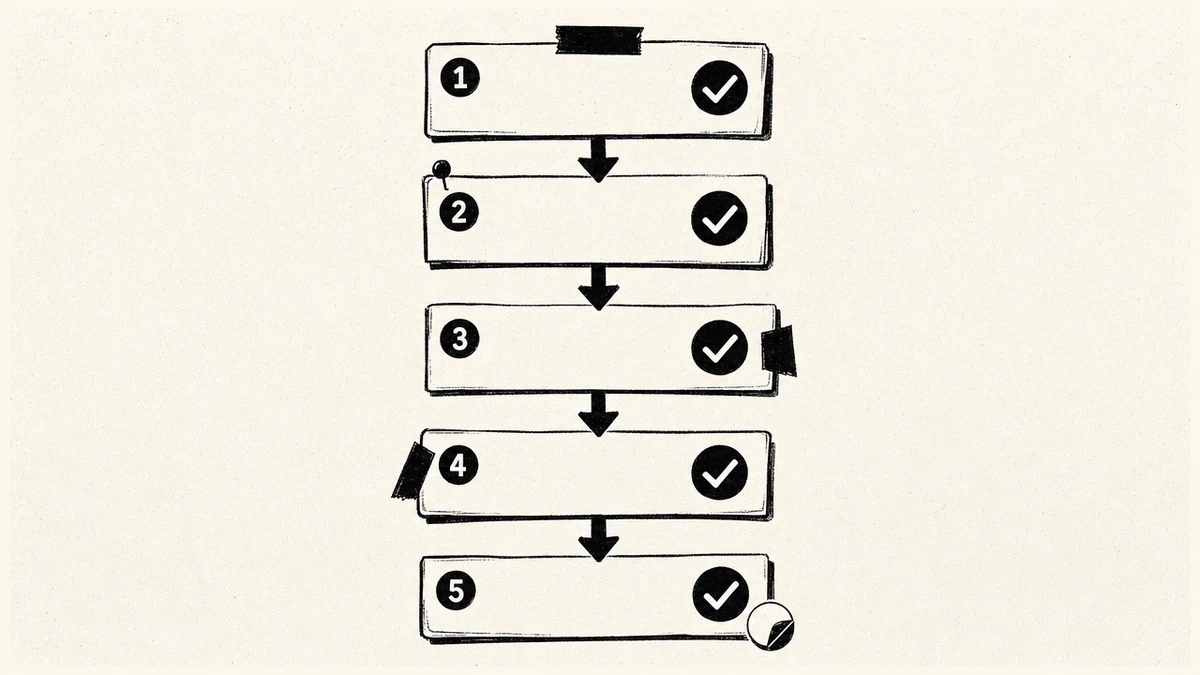 A five-step weekend migration checklist drawn as a numbered pipeline from export to first project