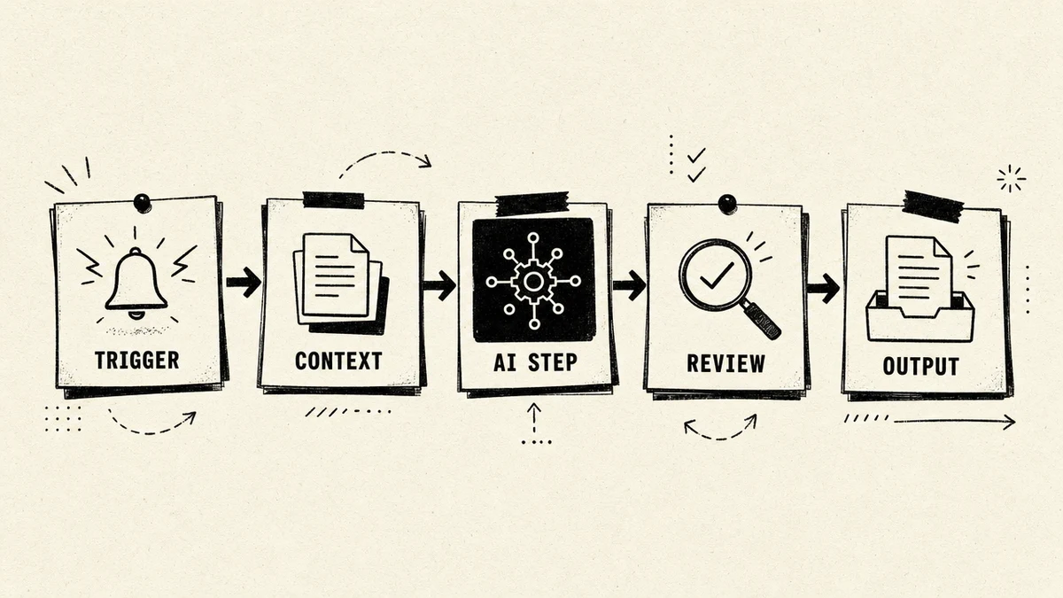 A repeatable AI workflow as a pipeline: trigger, context, AI step, review, output