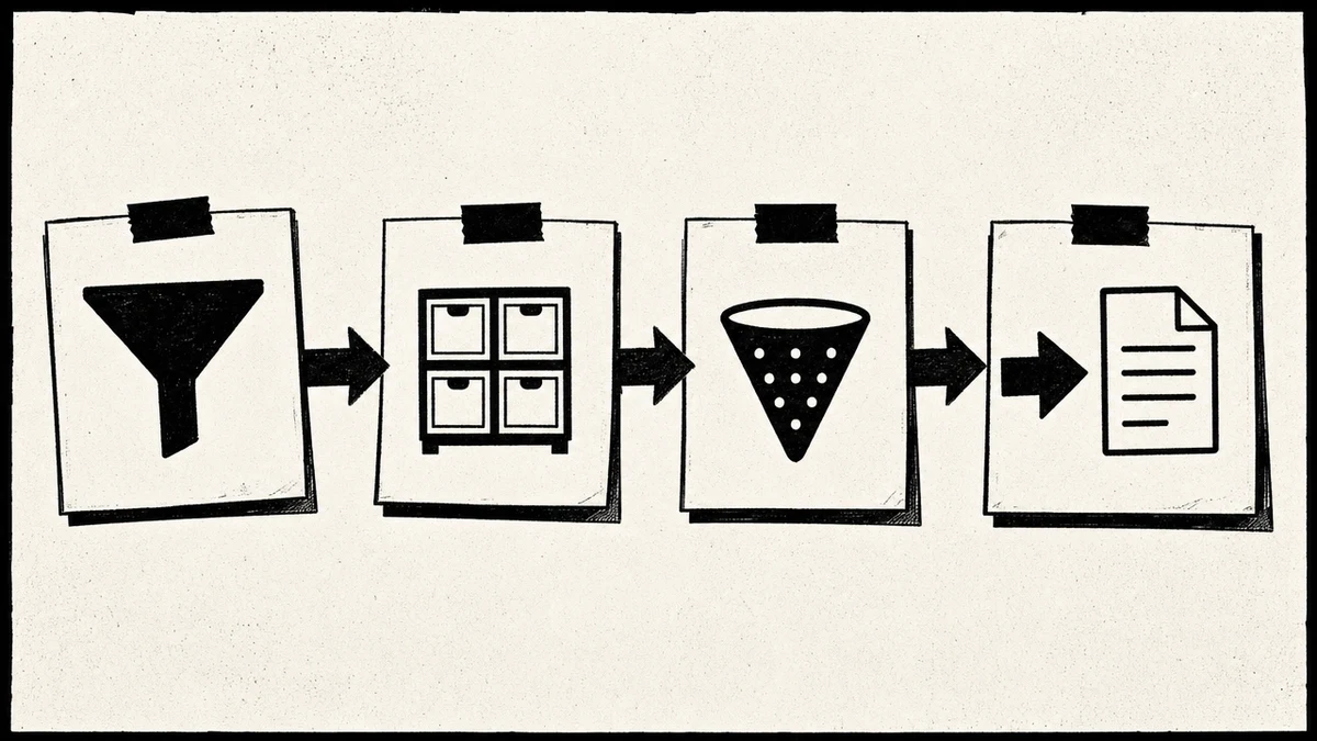 A four-stage pipeline where the second stage is a four-drawer filing unit, showing PARA sitting inside the CODE workflow