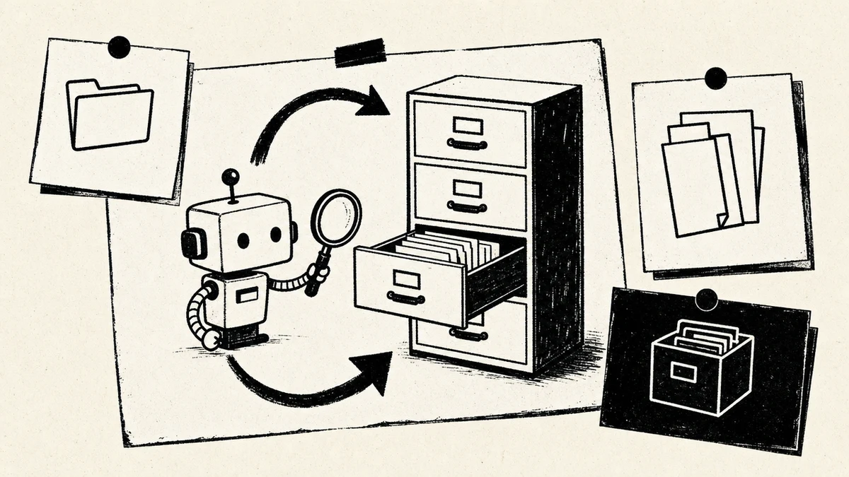 A small agent figure filing into and retrieving from a four-drawer cabinet on its own