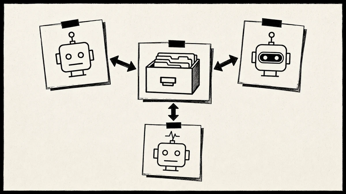 Three AI agents all reading and writing one shared central memory store