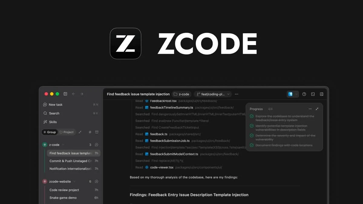 ZCode desktop app by Z.ai showing the GLM-5.2 agent chat, file manager, terminal, Git panel, and live browser preview in one window