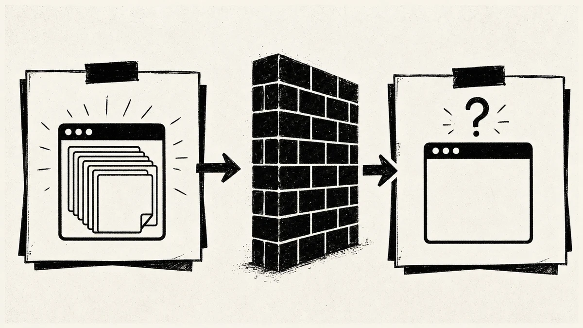 An AI coding agent holding full project context in one session, a hard wall where the session ends, then the next session starting empty with no memory